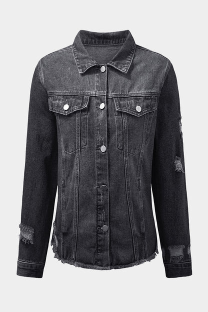 Black denim jacket with inner pocket detail.