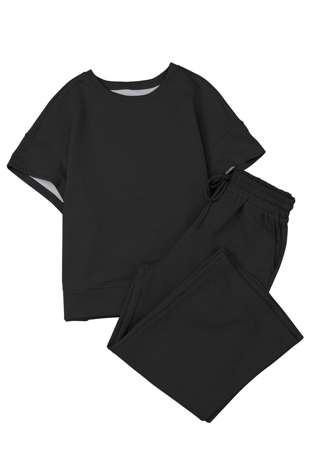 Black textured T-shirt and drawstring pants set: effortless comfort meets chic style.