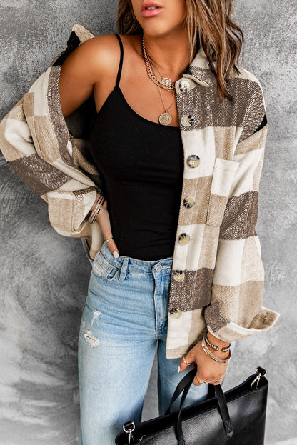 Khaki plaid color block button-up shacket with pockets (women's casual jacket).