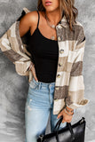 Khaki plaid color block button-up shacket with pockets (women's casual jacket).