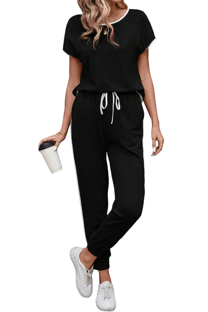 Black contrast trim top & drawstring pants set: comfort meets style! (text overlay on image of the set)