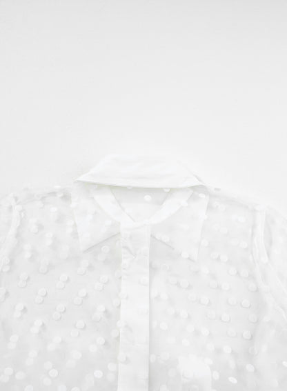 White Polka Dot Print Collared Buttoned Mesh Cover Up