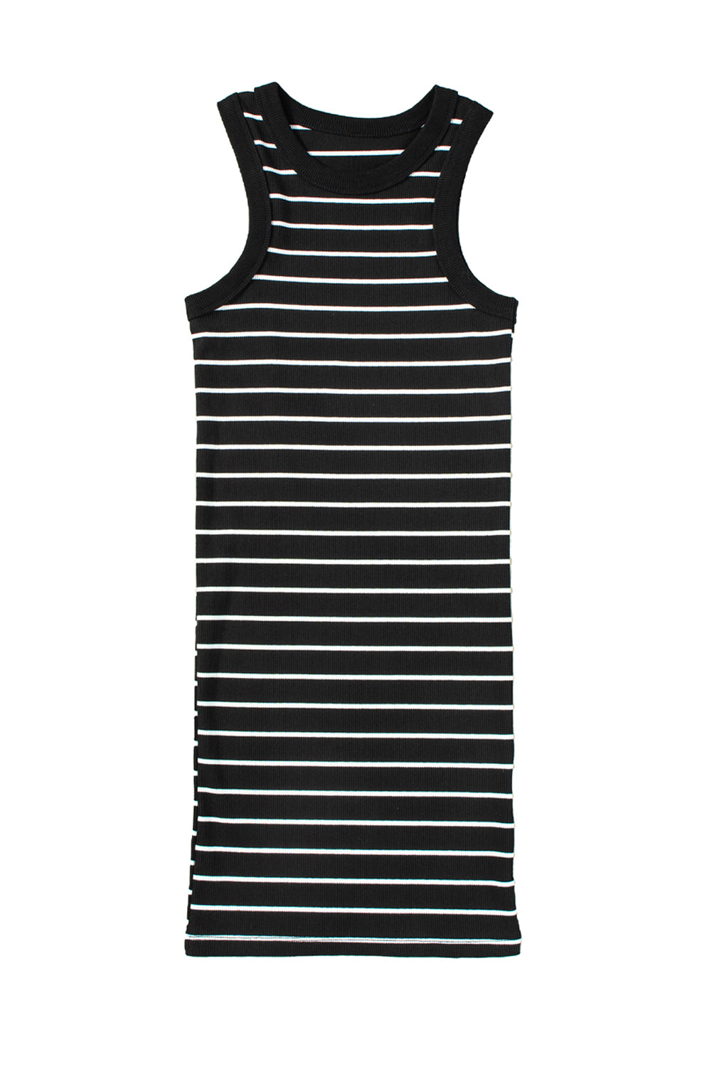 Black and white striped tank mini dress for a comfortable summer night out. (model with a jacket and heels)