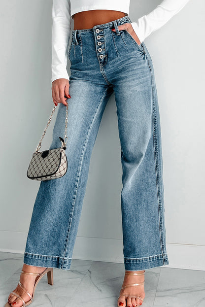 Dusk blue, straight-leg jeans with a multi-button detail on the waist (stylish and versatile denim for women).