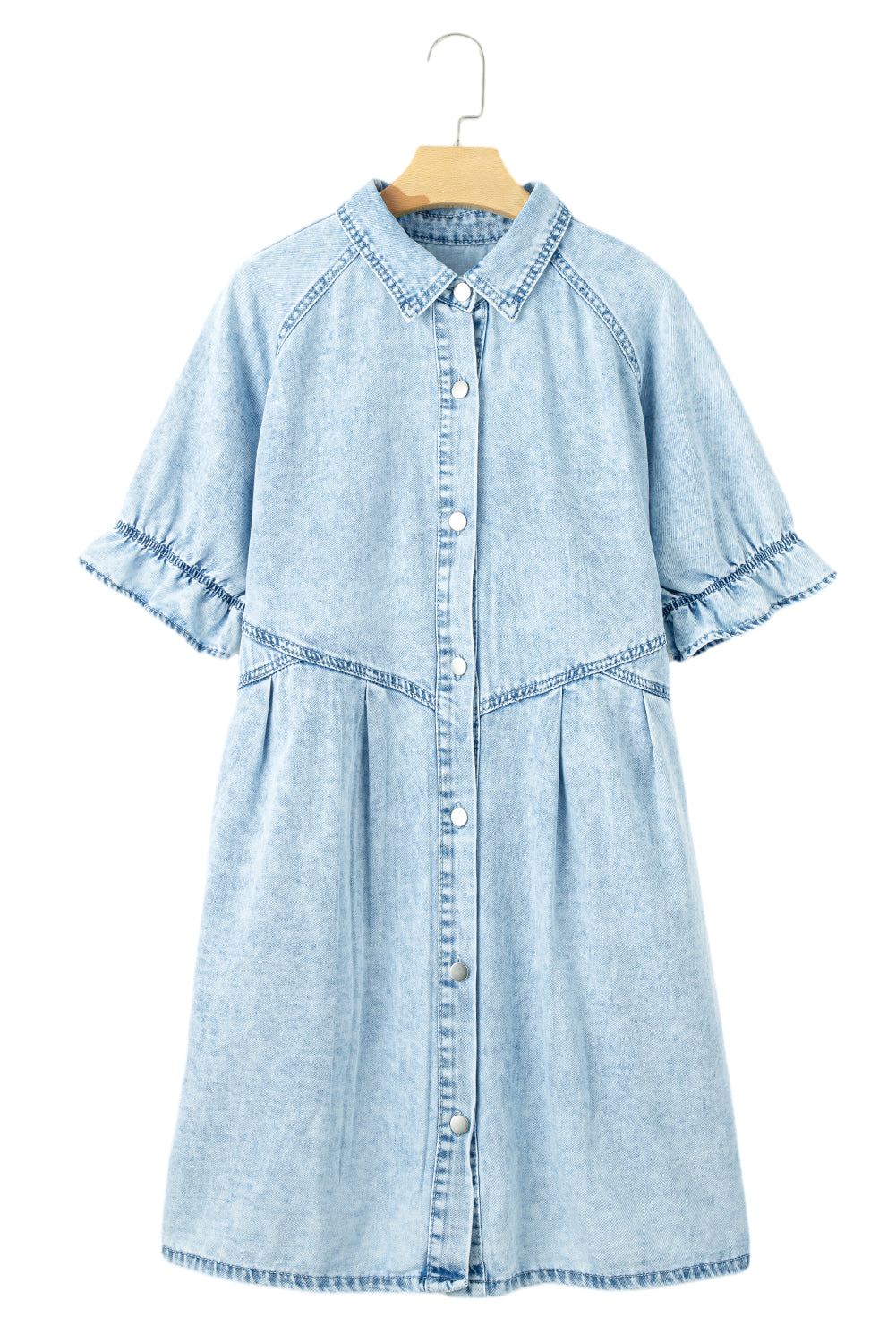 A customer favorite! Blue mineral washed denim dress with ruffled short sleeves and pockets. See why everyone loves it. 