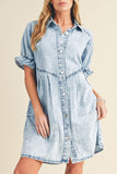 Blue mineral washed denim dress with ruffled short sleeves and pockets (stylish and comfortable summer dress).