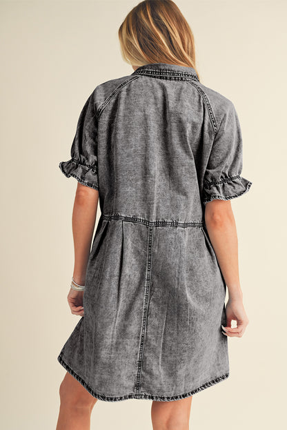 Upgrade your wardrobe with a stylish and comfortable summer dress! Blue mineral washed denim dress with ruffled short sleeves and pockets.