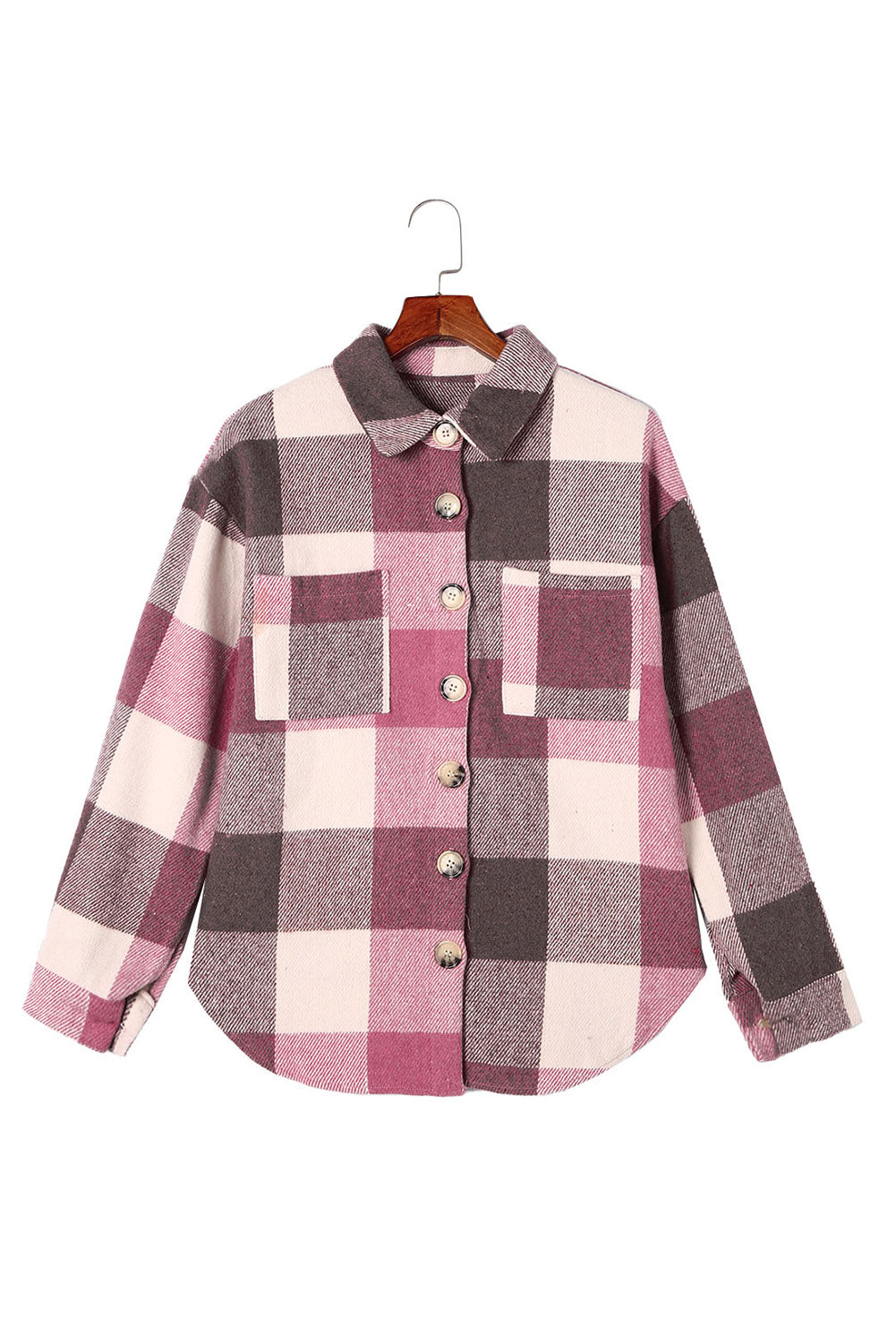 Khaki plaid color block buttoned shacket: machine washable for easy care