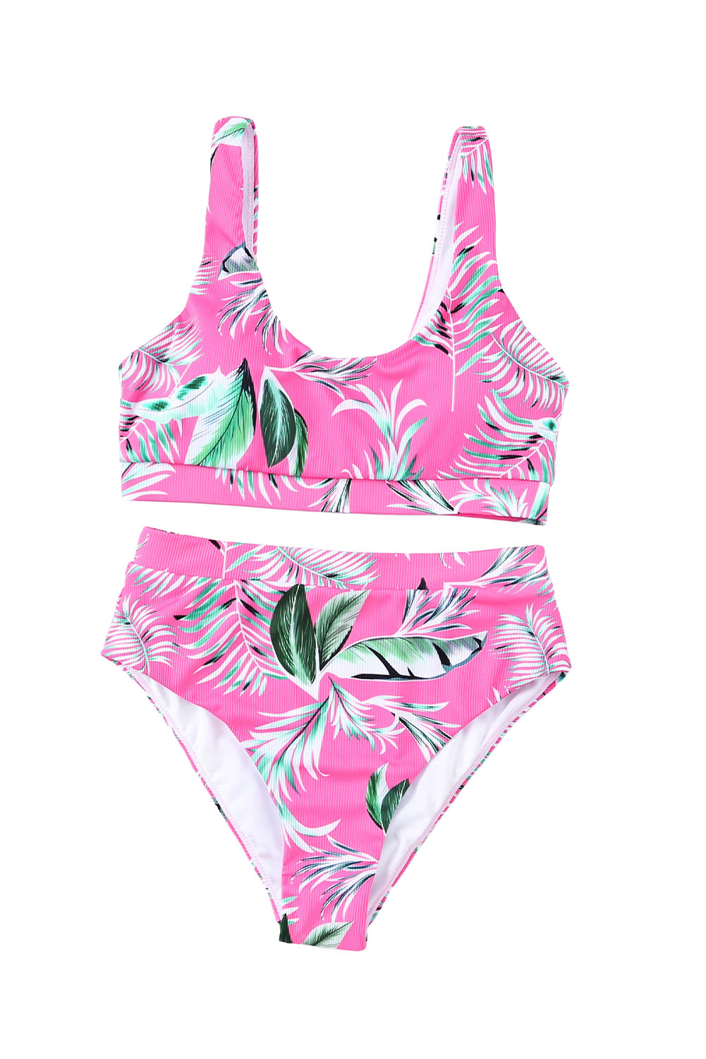 Rose Tropical Scoop Neck Ribbed High Waist Bikini Set