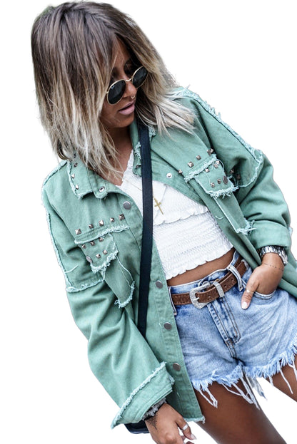 Text overlay on any image: "Wholesale Green Frayed Trim Denim Jacket (Available in Bulk)".