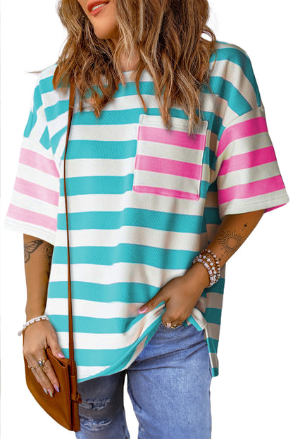 Model wearing the pink striped t-shirt un-tucked with leggings or joggers for a relaxed look (text overlay: "Comfy & Chic").