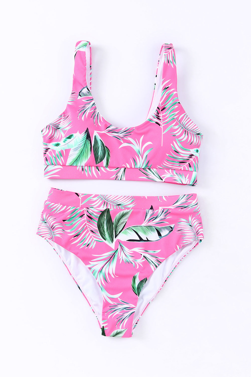 Rose Tropical Scoop Neck Ribbed High Waist Bikini Set