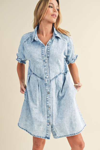 Blue mineral washed denim dress with ruffled short sleeves and pockets styled for a night out with friends