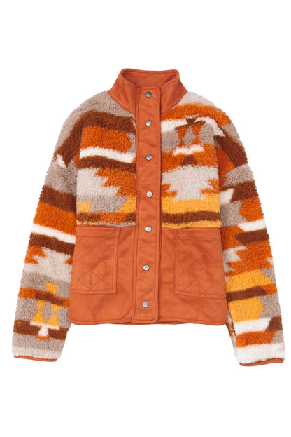 Stay warm and comfortable in the brown striped and geometric fleece jacket, perfect for fall weather.