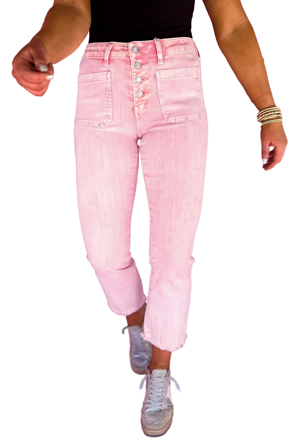 Apricot pink crop jeans size chart in inches, including waist, hip, bottom, inseam, and outseam measurements.