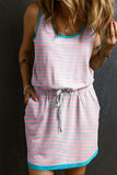 Pink striped tank dress with a drawstring waist, contrast trim, and pockets (women's casual dress).