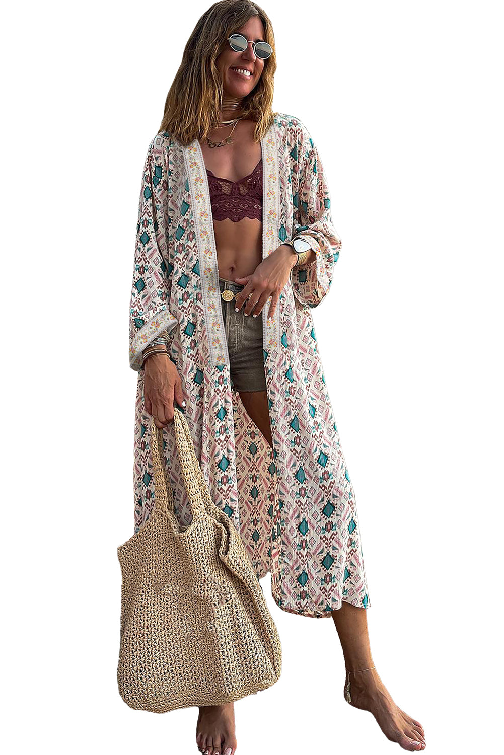 Pink Ethnic Geometric Print Long Kimono