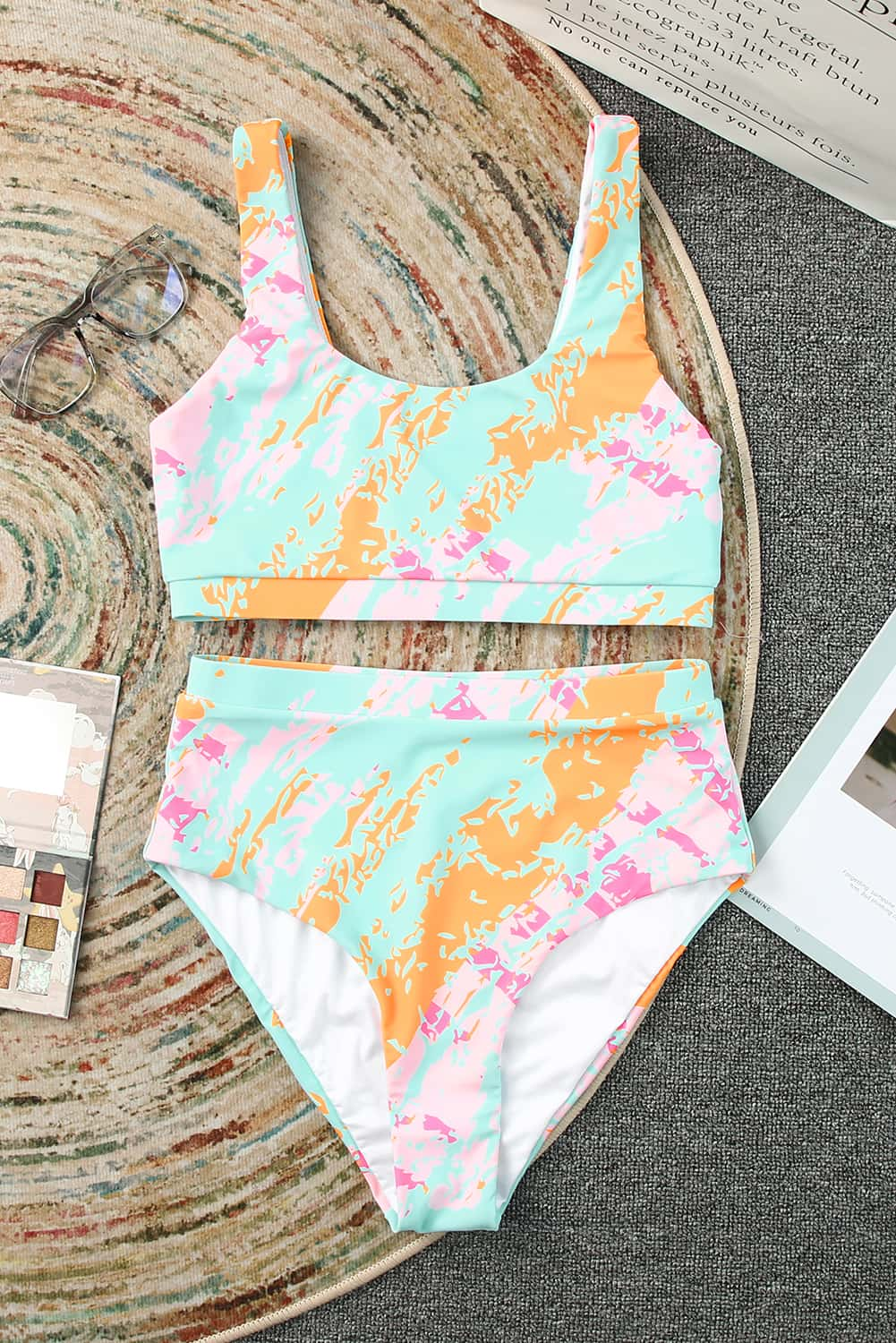 Light Blue Abstract Print High Waist Bikini Swimsuit