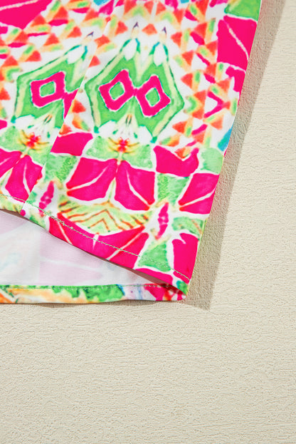 Close-up of the model accessorizing the orange geometric print shirt dress with a statement necklace (text overlay: "Accessorize Your Way").