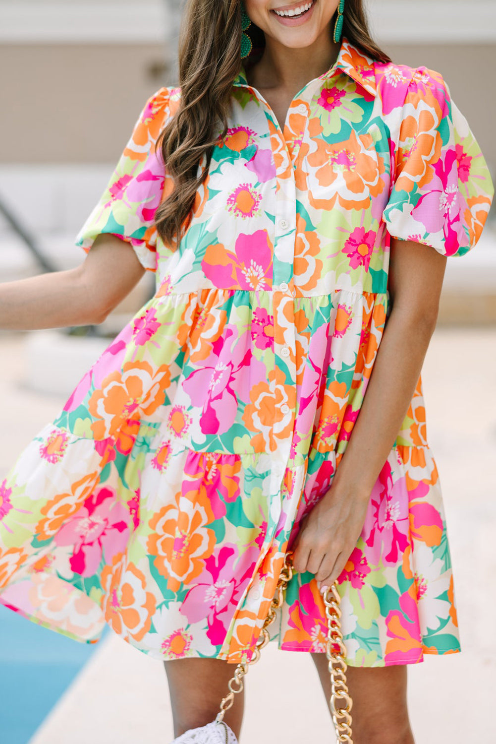 Green floral puff sleeve buttoned babydoll dress: a versatile piece for any summer event.