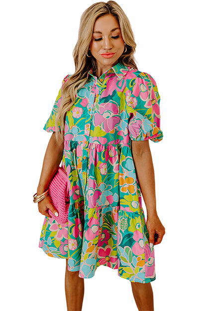 Model pairing the green floral puff sleeve buttoned babydoll dress with sandals for a summery look.