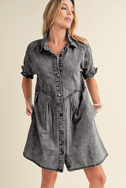 A comfortable and stylish choice for traveling: blue mineral washed denim dress with ruffled short sleeves and pockets.