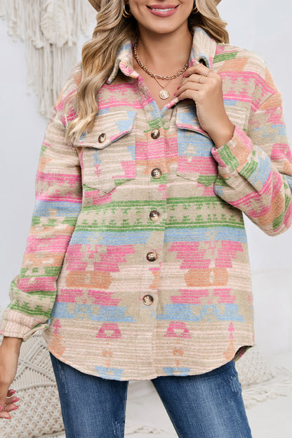 The multicolored geometric jacket is made from 100% polyester for a smooth and comfortable feel (close-up).