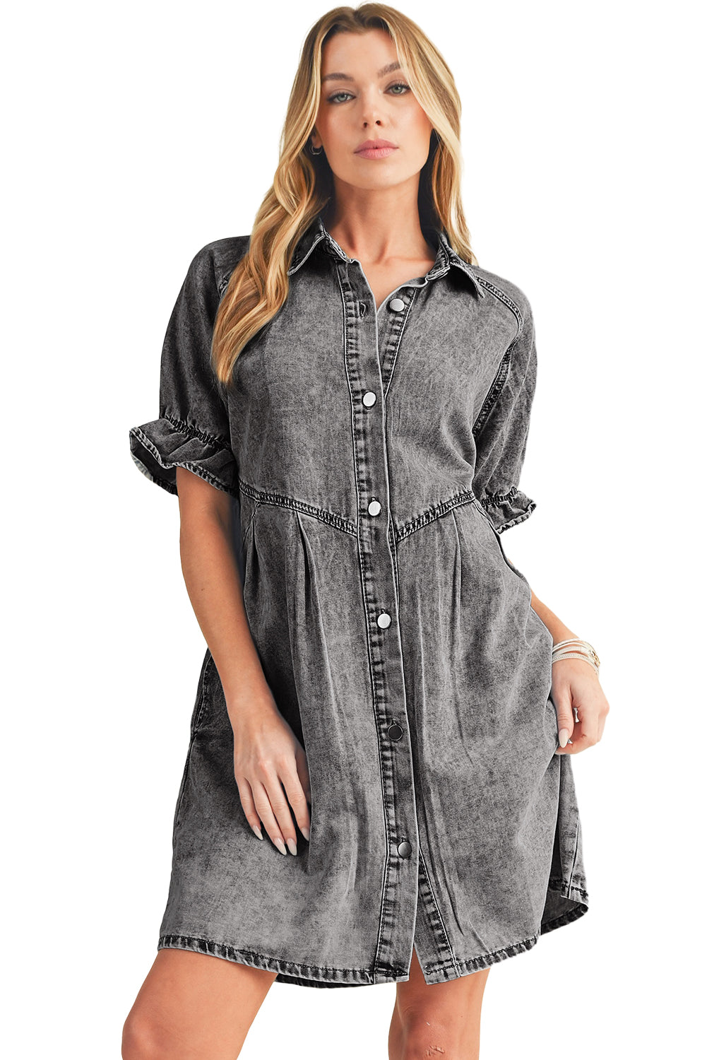 Blue mineral washed denim dress with ruffled short sleeves and pockets: a cute and casual outfit for a picnic in the park.