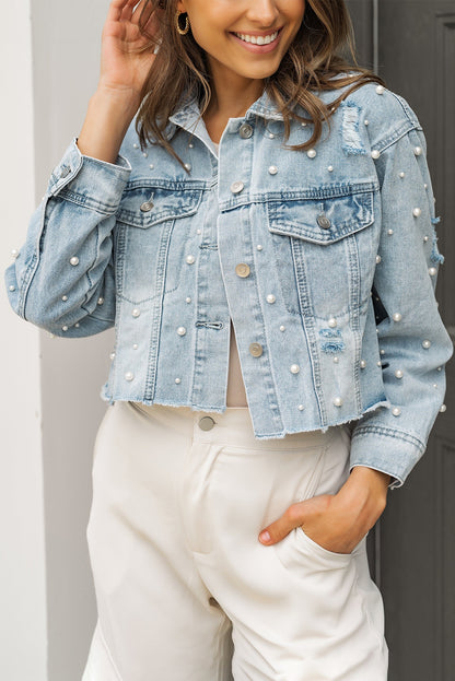 Sky blue cropped denim jacket with pearl beading (wholesale clothing).