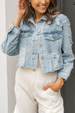 Sky blue cropped denim jacket with pearl beading (wholesale clothing).