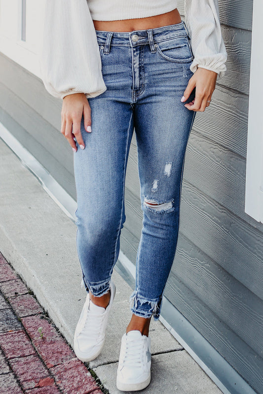 Light Blue Ripped Fringe Crop Skinny Jeans