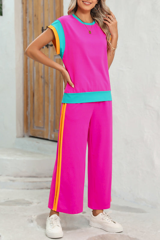 Two-piece set featuring a strawberry pink colorblock cap-sleeve tee and wide-leg pants (women's clothing set).