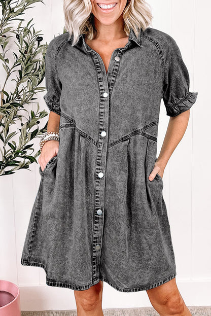 Pair the blue mineral washed denim dress with ruffled short sleeves and pockets with your favorite sandals or sneakers