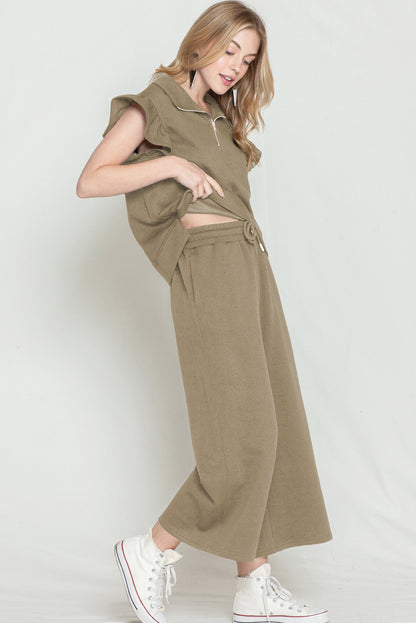 Black textured ruffle cap sleeve top and wide-leg pants set: limited-time offer, don't miss out! 