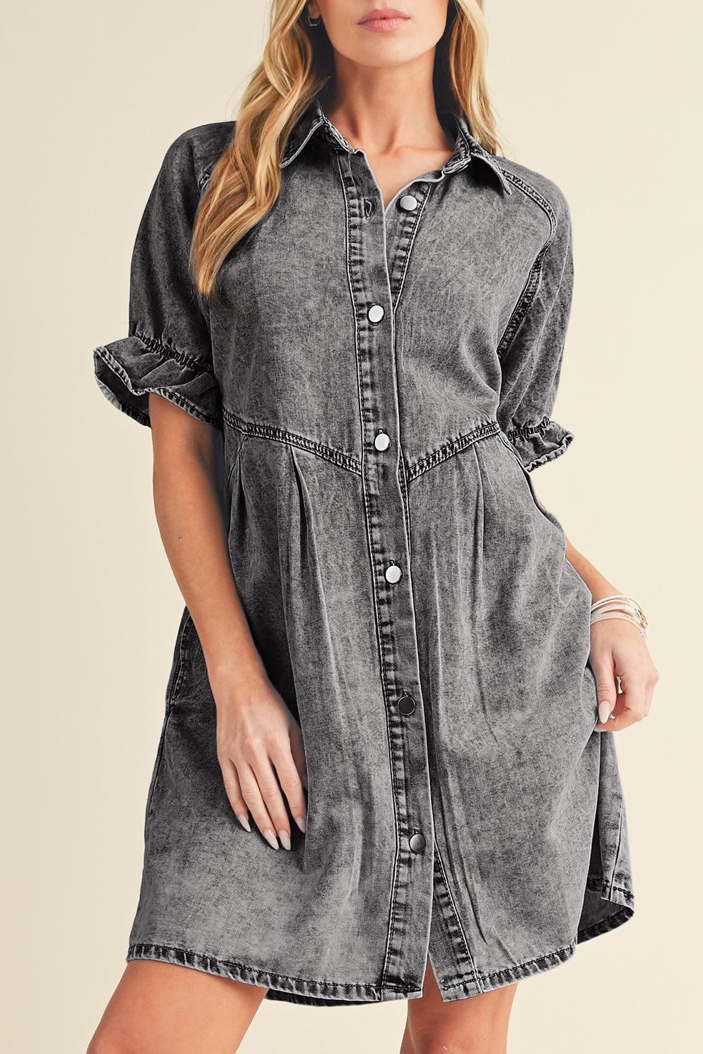 Shop the blue mineral washed denim dress with ruffled short sleeves and pockets!