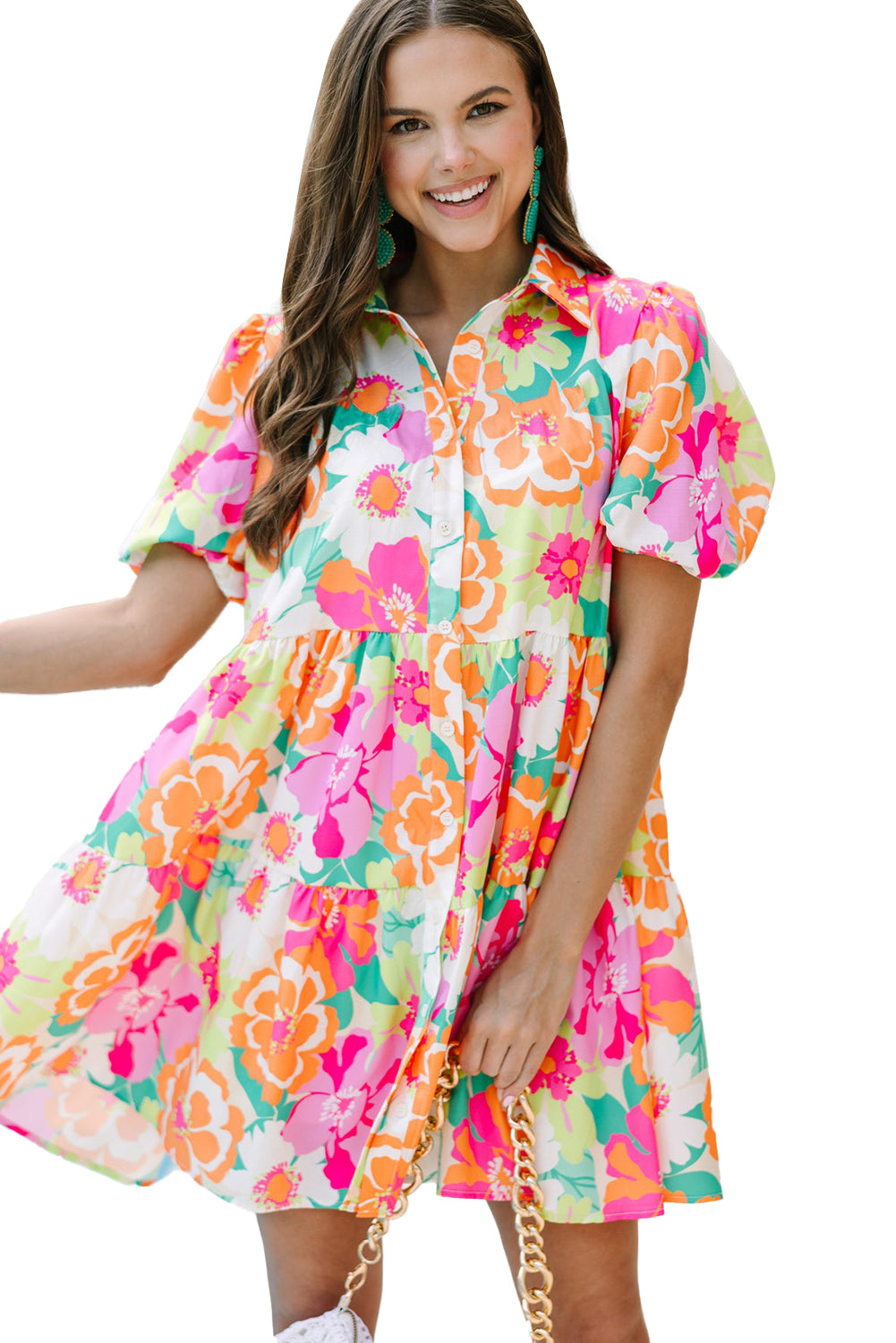 The Green Floral Puff Sleeve Buttoned Babydoll Dress is a perfect blend of comfort, style, and summer vibes 