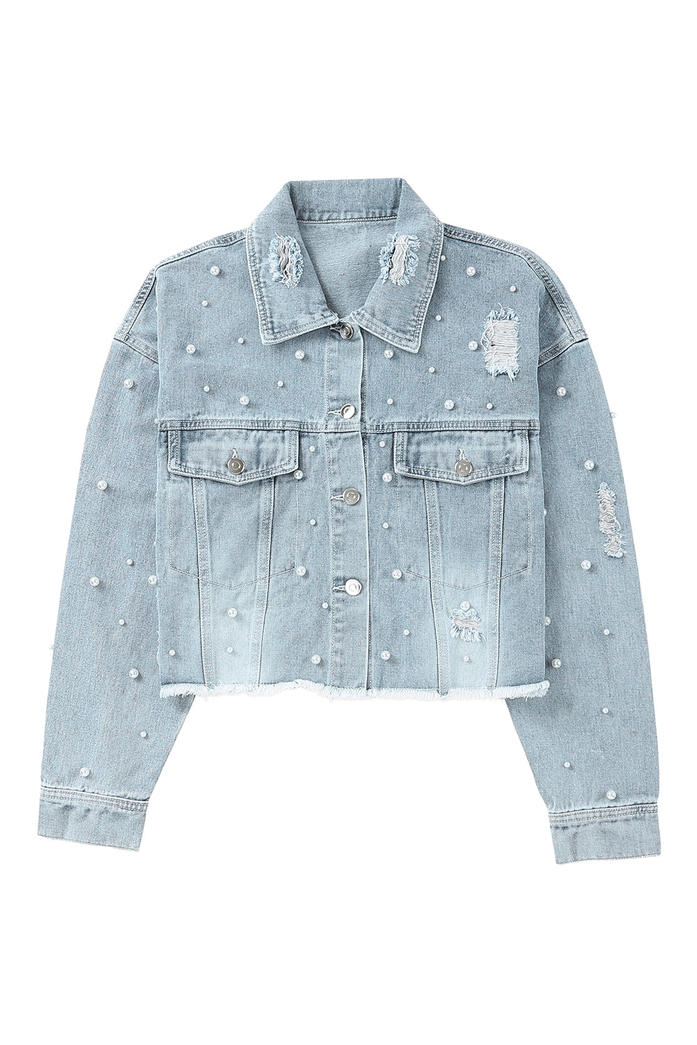 Flat lay image of the cropped denim jacket with other clothing items in similar colors or styles, suggesting outfit ideas.