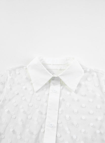 White Polka Dot Print Collared Buttoned Mesh Cover Up