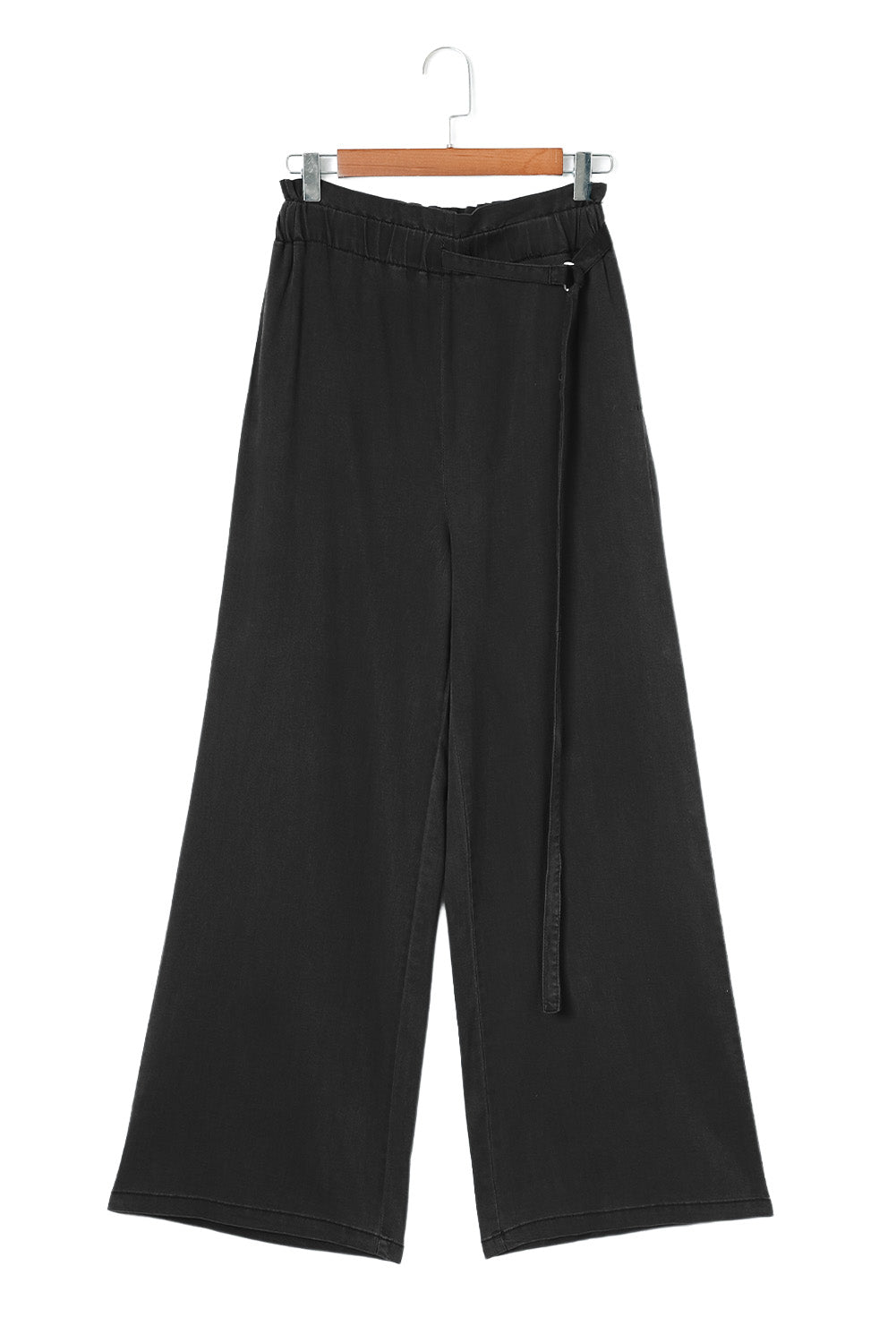 Black high-waisted wide-leg pants with a neatly finished hem.