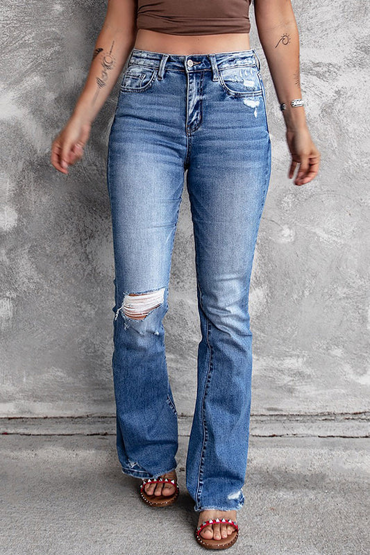 Dark blue ripped raw hem high waist flare jeans (fashionable denim pants for women).