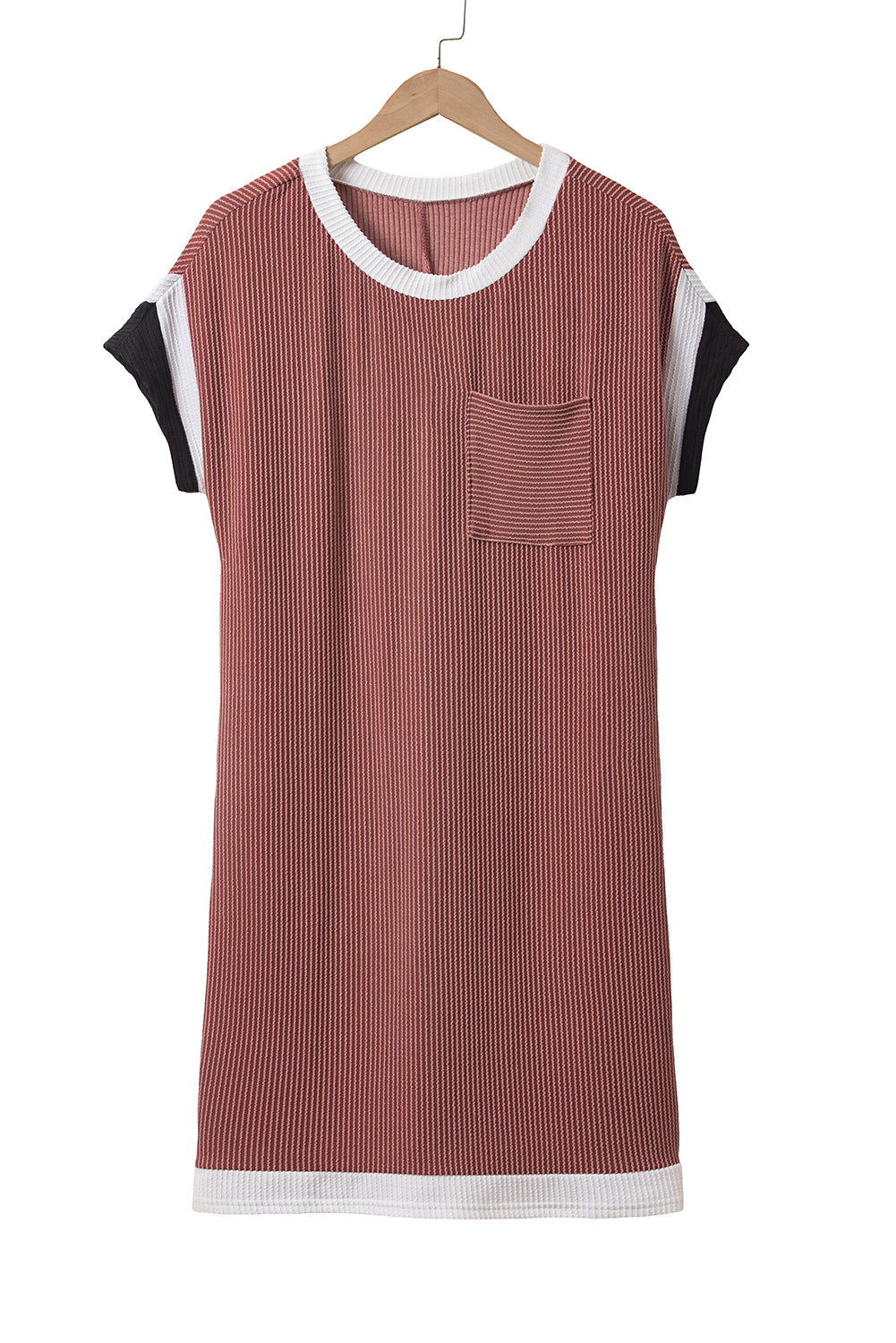 Rose Red Rib Textured Colorblock Contrast Pocket T Shirt Dress