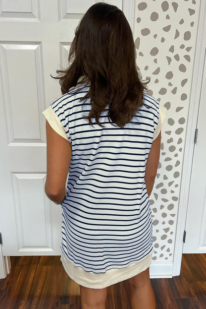 A size chart showcasing the available sizes for the navy blue striped mini dress.