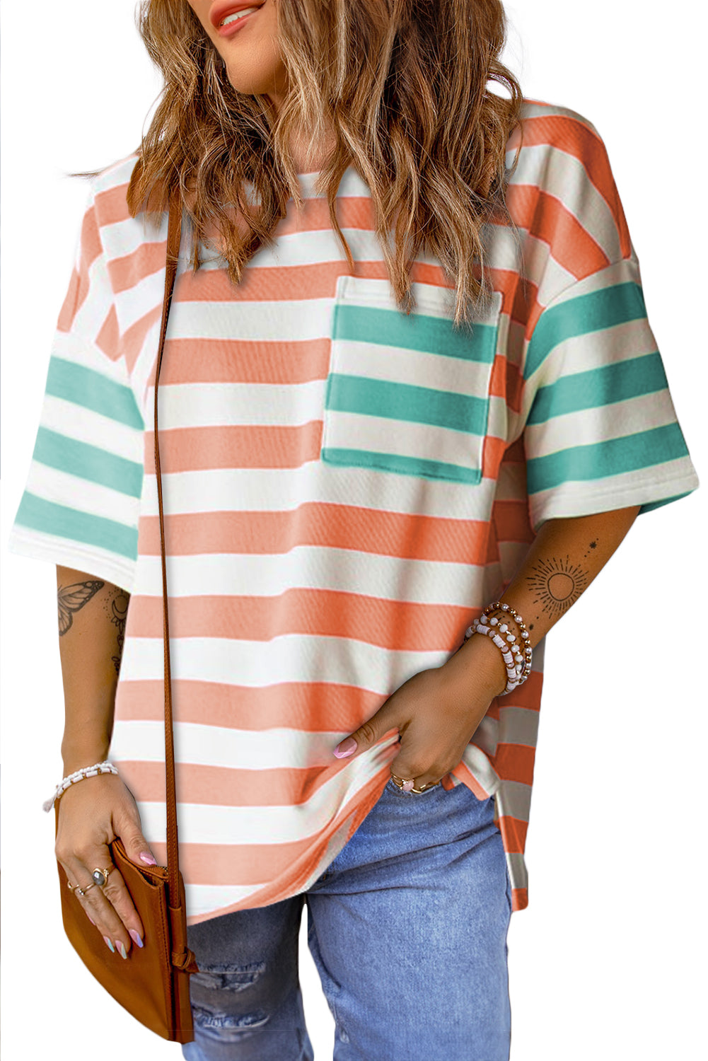 Close-up of the pink and white stripes on the t-shirt.