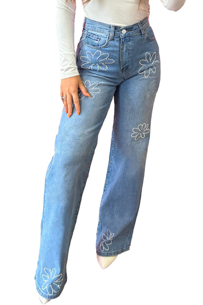 Light blue floral wide leg jeans styled for a trendy outfit (text overlay: "Dress Up or Down").