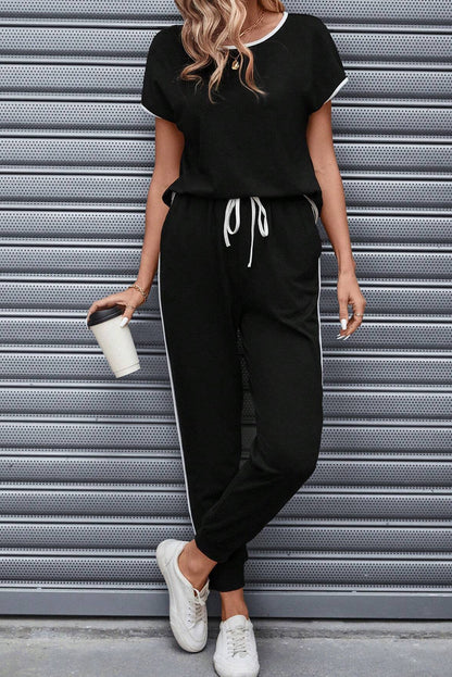 Black contrast trim top and drawstring pants set.  pen_spark