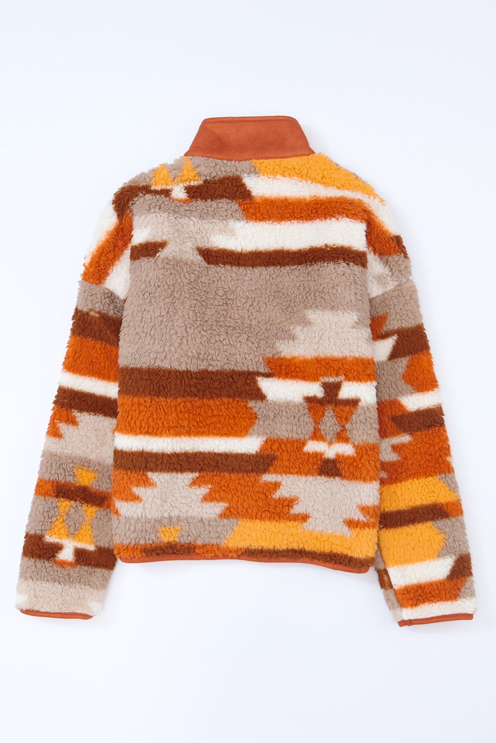 Long sleeves on the brown striped and geometric fleece jacket for added warmth.