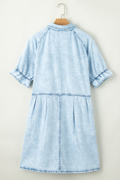 Dress it up with heels for a night out! Blue mineral washed denim dress with ruffled short sleeves and pockets.