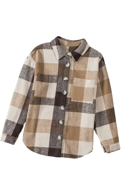 Size chart available to find the perfect fit for the khaki plaid color block buttoned shacket.