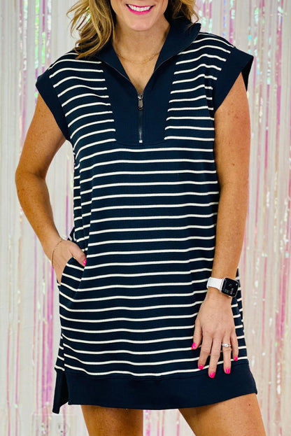 Navy blue striped mini dress with a quarter zip collar, cap sleeves, and a relaxed fit (women's dress).