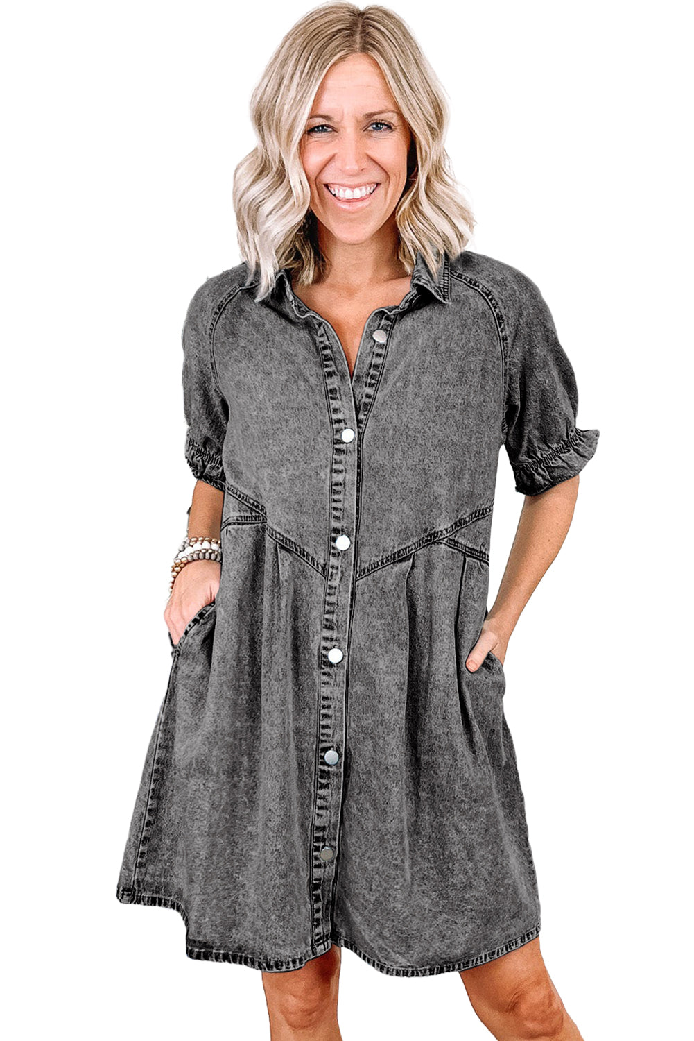 Blue Mineral Washed Ruffled Short Sleeve Pocketed Denim Dress